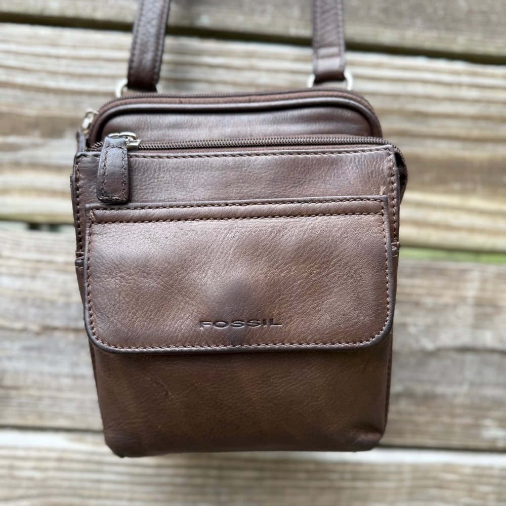 Vintage Fossil Brown Leather Organizer Crossbody Bag Functional Retro Classic - Picture 4 of 13